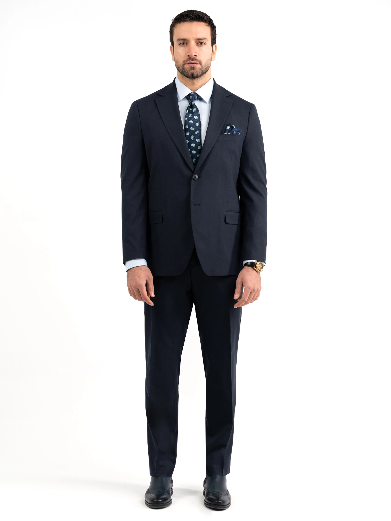 پکیج نوروزی : کت و شلوار فاستونی 30% سورمه ای 2 دکمه + پیراهن + کروات کیفیت درجه 1   مدل NO7