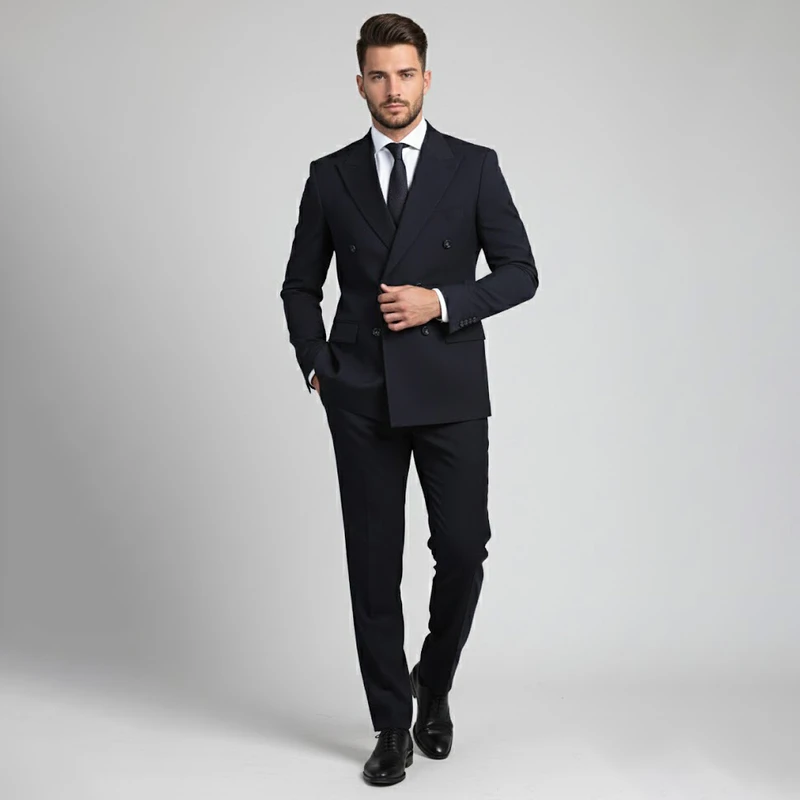 کت و شلوار مردانه دبل‌برست مشکی فاستونی درجه 1 – دوخت صنعتی با سایزبندی کامل مدل D49